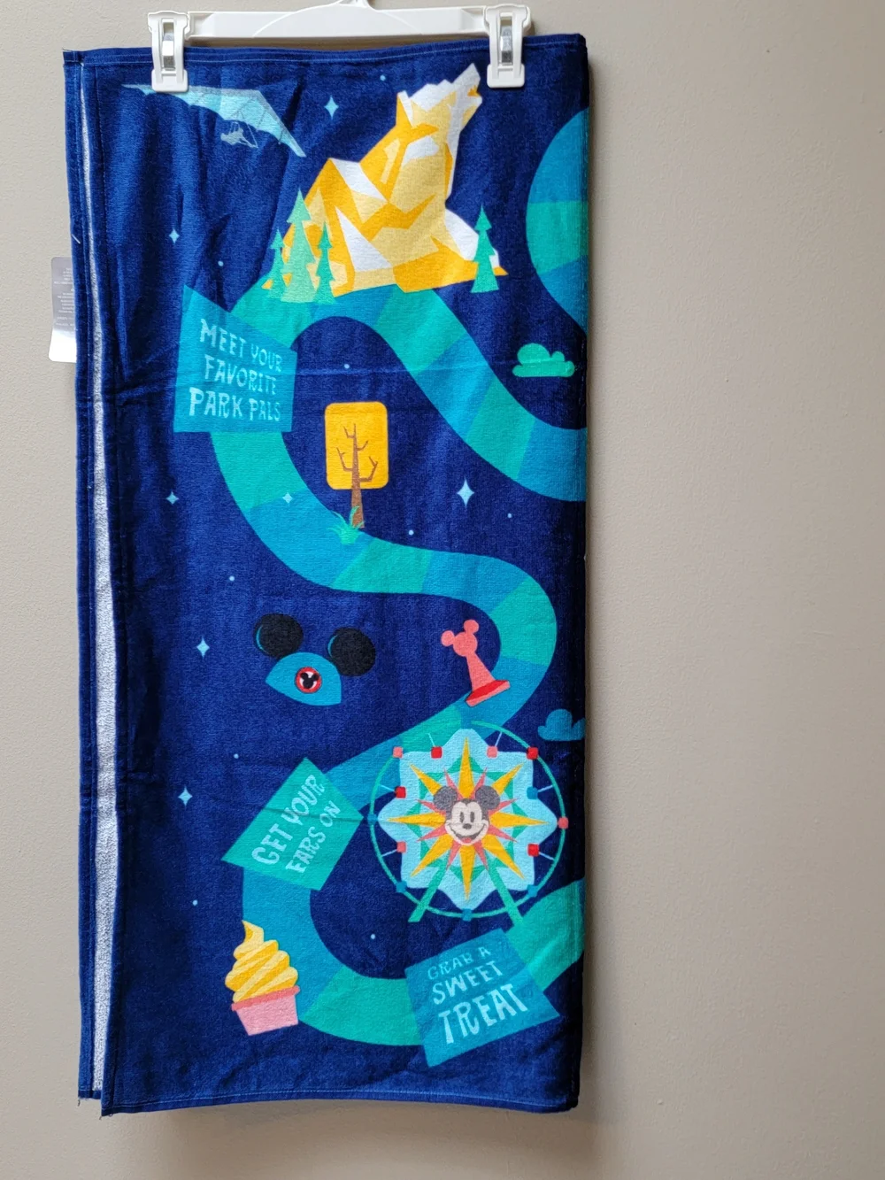Disney Parks Beach Towel Navy Blue with Teal, Yellow & Pink Character Design